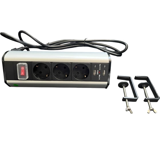 Розетка настольная LUCKTEK с зажимами, с выключателем, 3x220V, 2xUSB (5V/2.1A) пластик+алюминий, цвет серый LK-GN1403SU2