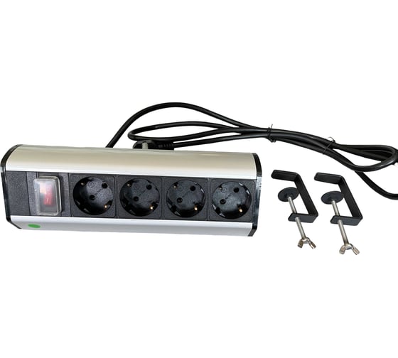 Розетка настольная с зажимами, с выключателем, 4x220V, пластик+алюминий, цвет серый LUCKTEK LK-GN1404S