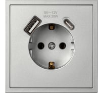 Розетка 1-местная с заземлением Smartbuy USB+Type-C 16А серебро Капелла SBE-09s-16-S1-USB