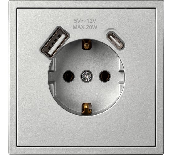 Розетка 1-местная с заземлением Smartbuy USB+Type-C 16А серебро Капелла SBE-09s-16-S1-USB