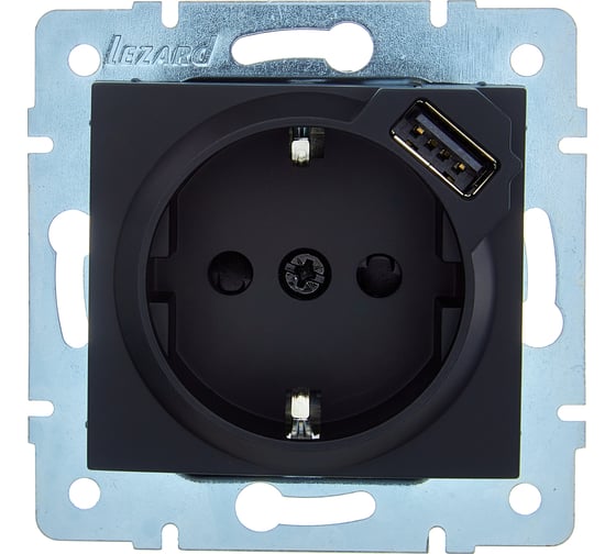 Розетка Lezard ASTI с заземлением + USB разъём чёрный бархат механизм 7081-4288-181