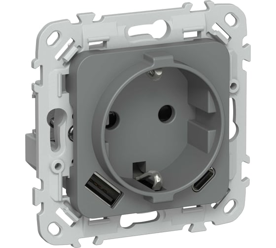 Розетка IEK FLITE 1-местная с заземлением с защитными шторками 16А с USB A+C 20Вт безвинтовое крепление РСЮшс11-1-ФлМА мокрый асфальт FI-R14-16-1-U22-020-K80