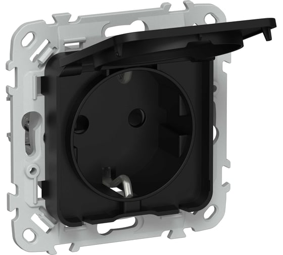 Розетка IEK FLITE с заземлением с защитными шторками и крышкой 16А IP44 РСшкр11-0-44-ФлЧ черный FI-R16-16-44-K02