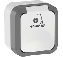 Розетка 1-местная IEK TORS с заземлением защитными шторками и крышкой с иконкой самокат 16А IP55 TS321 серо-белый TS-R110-16-55-K41