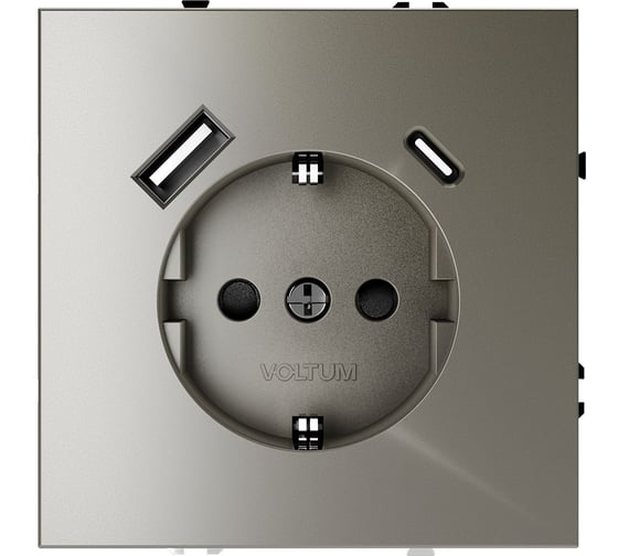 Розетка встраиваемая Voltum S70 с заземлением и защитными шторками, 16А, с USB, A+С, шелк VLS040504