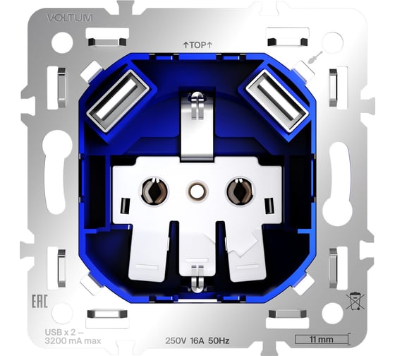 Механизм розетки с заземлением и защитными шторками Voltum S70 16А, с USB A+A VLS0404M