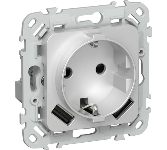 Розетка 1-местная с заземлением с защитными шторками IEK FLITE 16А с USB A+A 3,1А РСЮша11-0-ФлА алюминий FI-R14-16-U21-D31-K47
