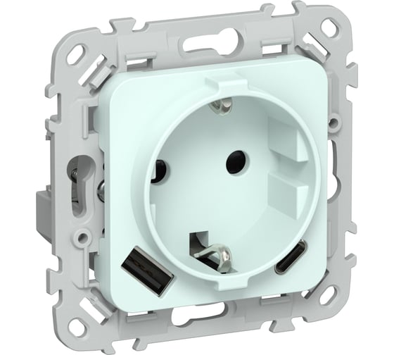 Розетка 1-местная с заземлением с защитными шторками IEK FLITE 16А с USB A+C 20Вт РСЮшс11-0-ФлХЛ холодный лед FI-R14-16-U22-020-K94