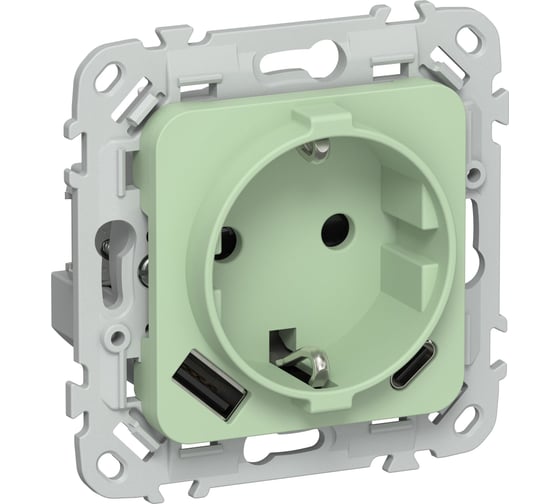 Розетка 1-местная с заземлением с защитными шторками IEK FLITE 16А с USB A+C 20Вт РСЮшс11-0-ФлФ фисташковый FI-R14-16-U22-020-K93