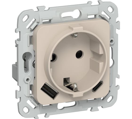 Розетка 1-местная с заземлением с защитными шторками IEK FLITE 16А с USB A+C 20Вт РСЮшс11-0-ФлЛ льняной FI-R14-16-U22-020-K88