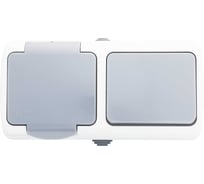 Блок горизонтальный General Lighting Systems СИГМА выключатель одноклавишный + розетка 2П+3 открытой установки IP54 16А 250В бело-серая 477080