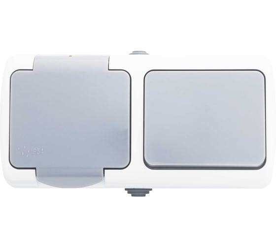 Блок горизонтальный General Lighting Systems СИГМА выключатель одноклавишный + розетка 2П+3 открытой установки IP54 16А 250В бело-серая 477080 1