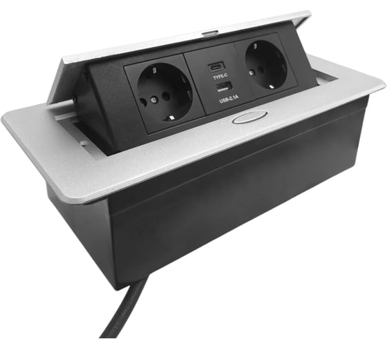 Блок розеток DORI 2+USB-A+USB-C, выдвижной горизонтальный серебро 51736