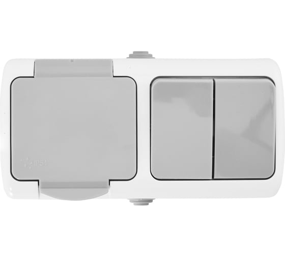 Блок горизонтальный General Lighting Systems выключатель 2-клавишный + розетка 2П+3 открытой установки IP54 16А 250В бело-серая 477068