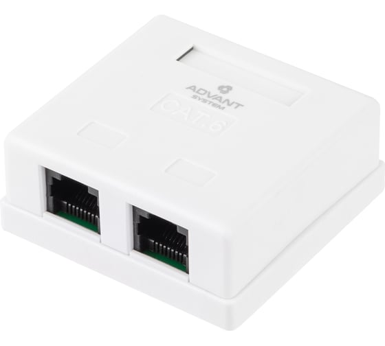 Настенная розетка Ethernet Advant кат. 6, неэкранированная, количество портов: 2 порта RJ-45 (8р8с). ADVANT ADV6-WS2RJ45