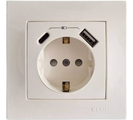 Розетка ELBI Zena Vega Слоновая Кость с заземлением зарядка (Type C+USB) 5V 2400 mA 609-012500-334