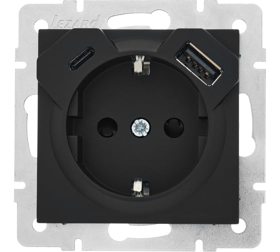 Розетка Lezard VESNA с/з TC+USB разъём чёрный бархат 742-4288-181TC