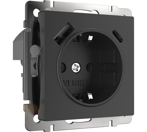 Розетка Werkel с заземлением, шторками и USB тип A+C W1171708 (черный матовый) a067622
