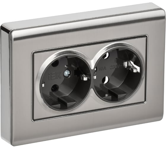 Розетка IEK BRITE 2-местная с заземлением без защитных шторок плоская 16А в сборе РСПл12-3-БрГН металл хром/никель BR-R27-16-M-K23-F