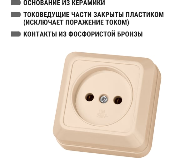 Розетка TDM ELECTRIC 2П открытой установки IP20 10А 250В керамика слоновая кость Ладога SQ1801-0210