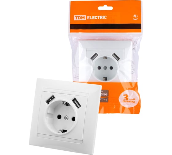 Розетка TDM ELECTRIC 2П+З 16А 250В + 2 USB порта 2,1А 5В белая Лама SQ1815-0042
