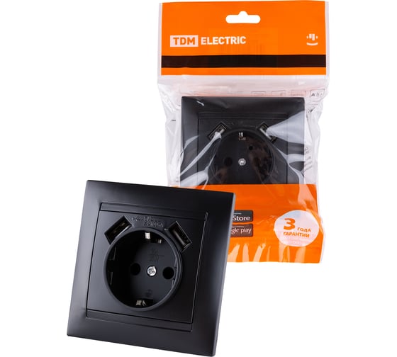 Розетка TDM ELECTRIC 2П+З 16А 250В + 2 USB порта 2,1А 5В графит Лама SQ1815-0642