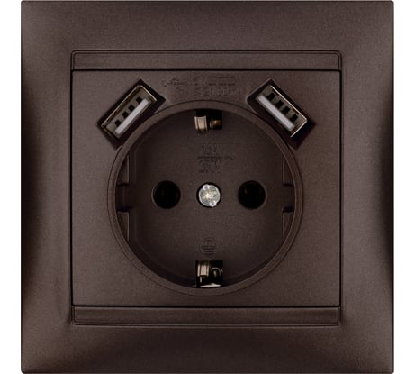 Розетка 2П+З 16А 250В + 2 USB порта 2,1А 5В TDM ELECTRIC шоколад, серия "Лама" SQ1815-0542
