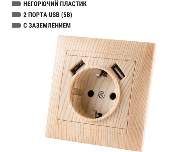 Розетка TDM ELECTRIC 2П+З 16А 250В + 2 USB порта 2,1А 5В сосна Лама SQ1815-0342