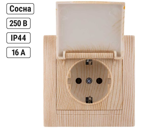 Розетка TDM ELECTRIC 2П+З 16А 250В IP44 с крышкой сосна серии "Лама" SQ1815-0326