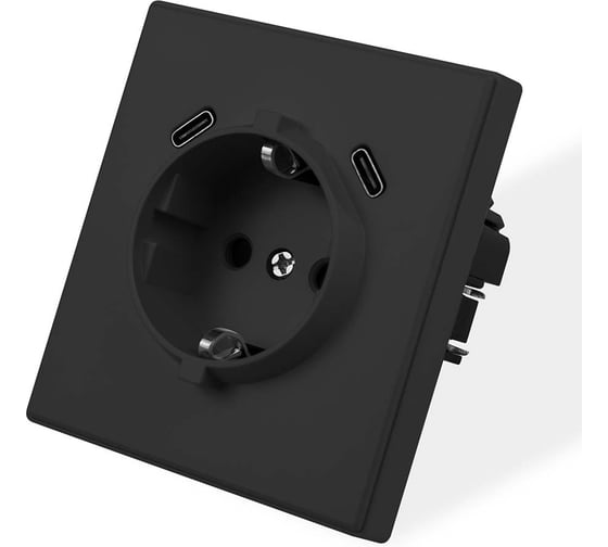 Розетка электрическая Vell черная, 1 пост, USB-С, USB-С, с рамкой Air {V702090} 1397827