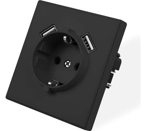 Розетка электрическая Vell черная, 1 пост, USB-A, USB-A, с рамкой Air {V702082} 1397819
