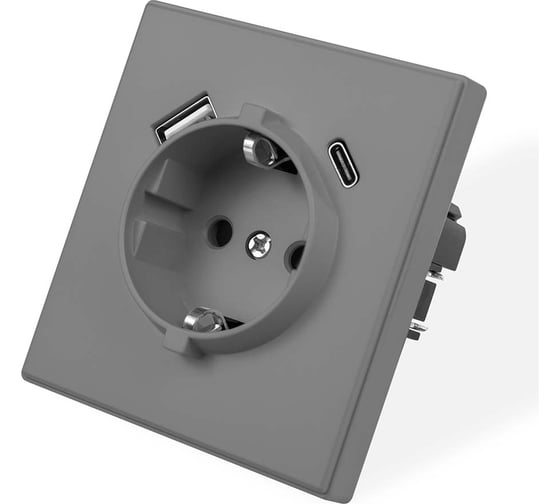 Розетка электрическая Vell серая, 1 пост, USB-A, USB-С, с рамкой Air {V702087} 1397824