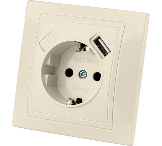 Розетка TDM ELECTRIC 2П+З с защитными шторками, 16А 250В + USB порт 2,1А 5В слоновая кость Таймыр SQ1814-0140 1