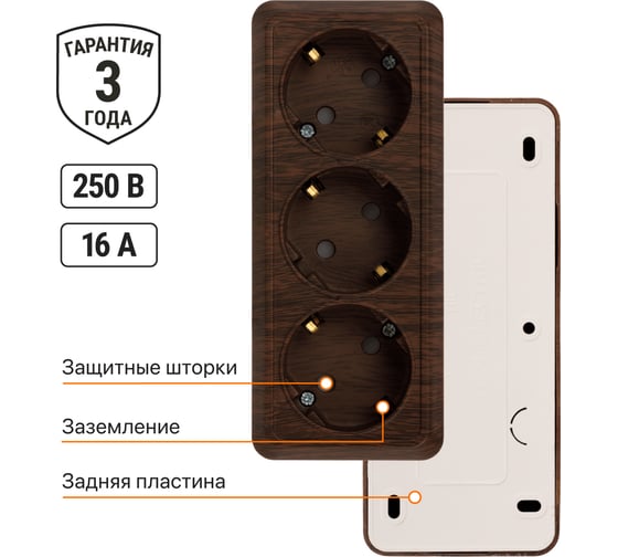 Горизонтальная 3-х местная розетка TDM ELECTRIC 2П+3 открытой установки IP20 16A с з/ш бук Ладога SQ1801-0327