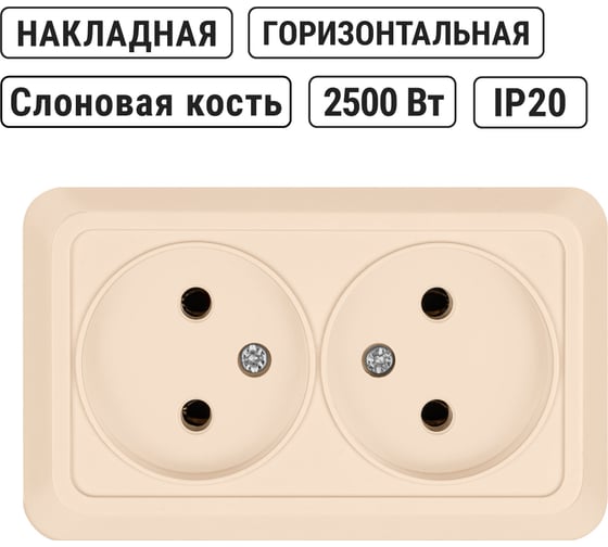 Двойная розетка TDM ELECTRIC 2П открытой установки IP20 10А 250В керамика слоновая кость Ладога SQ1801-0212