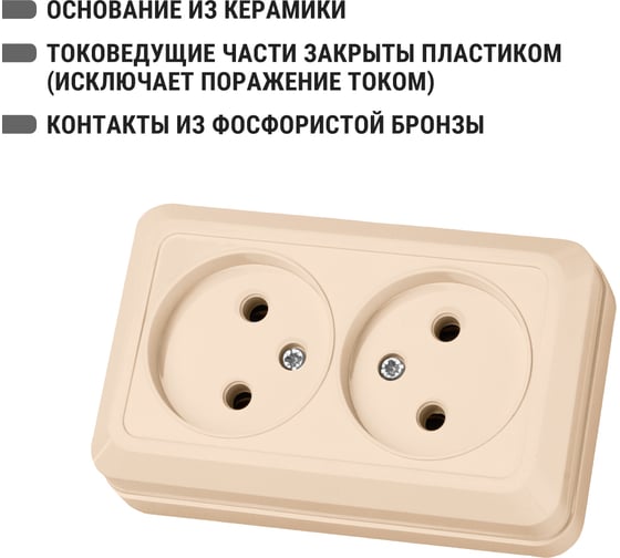 Двойная розетка TDM ELECTRIC 2П открытой установки IP20 10А 250В керамика слоновая кость Ладога SQ1801-0212