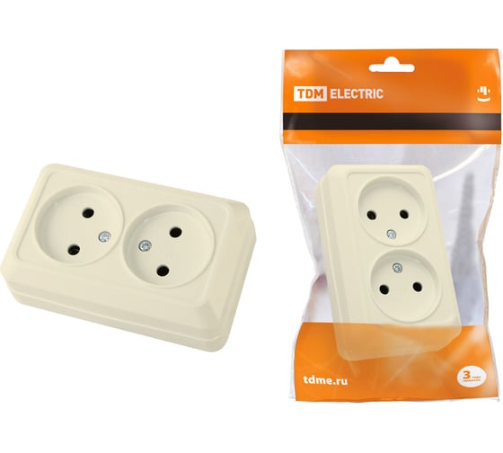 Двойная розетка TDM ELECTRIC 2П открытой установки IP20 10А 250В керамика слоновая кость Ладога SQ1801-0212 1