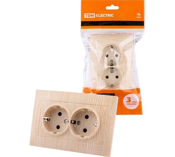 Двойная розетка TDM ELECTRIC 2П+З 16А 250В с защитными шторками сосна Лама SQ1815-0313 1
