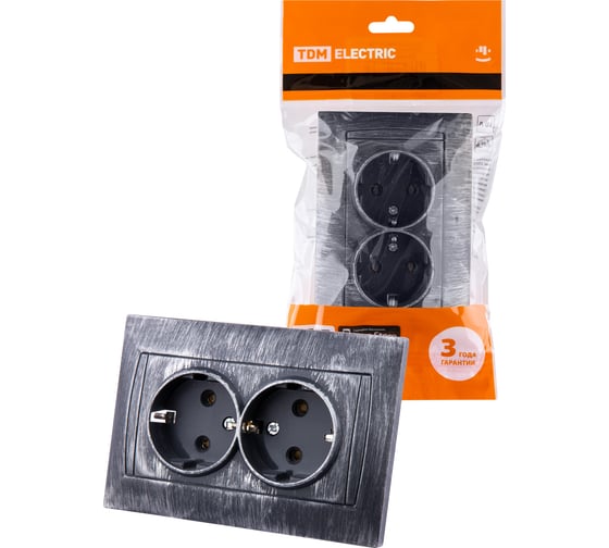 Двойная розетка TDM ELECTRIC 2П+З 16А 250В старинное серебро Лама SQ1815-0666 1