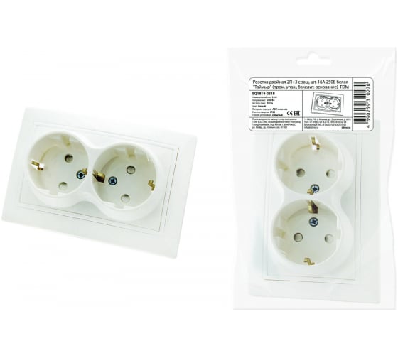 Двойная розетка TDM ELECTRIC 2П+З с защ. шт. 16А 250В белая Таймыр пром. упак., бакелит. основание AQ1814-0518 1