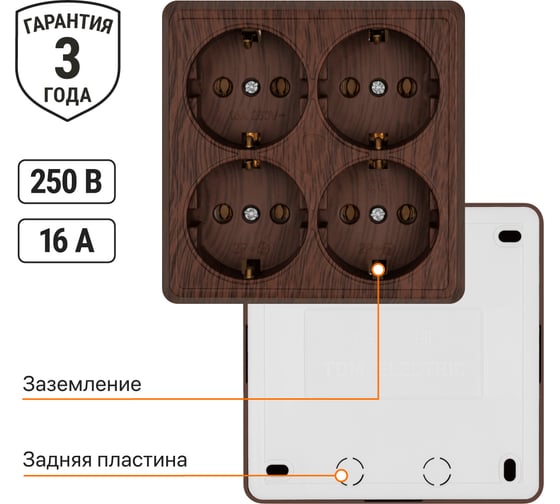 Четырехместная розетка TDM ELECTRIC 2П+3 открытой установки IP20 16A бук Ладога SQ1801-0322
