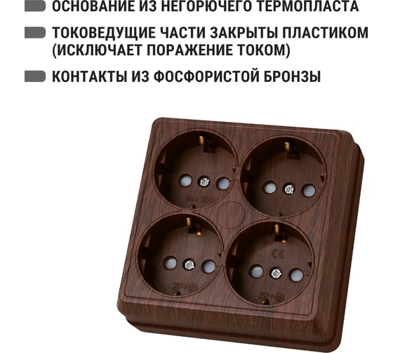 Четырехместная розетка TDM ELECTRIC 2П+3 открытой установки IP20 16A с защитными шторками бук Ладога SQ1801-0323