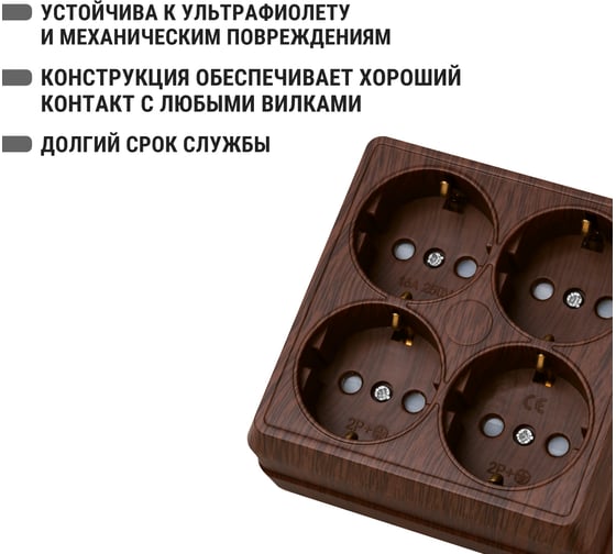 Четырехместная розетка TDM ELECTRIC 2П+3 открытой установки IP20 16A с защитными шторками бук Ладога SQ1801-0323