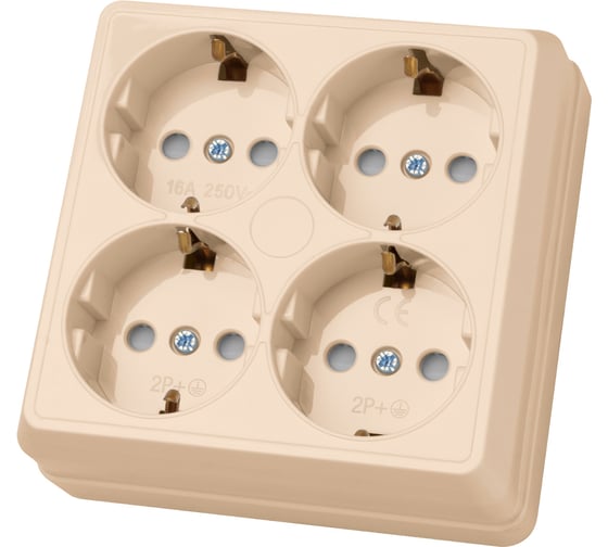 Четырехместная розетка TDM ELECTRIC 2П+3 открытой установки IP20 16A с защитными шторками слоновая кость Ладога SQ1801-0223