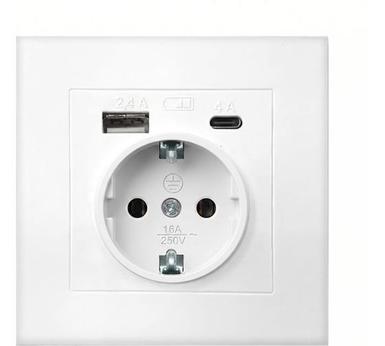 Розетка UNIVersal 16А c USB Type-A (2.4А)+ Type-C (4A)  серия Афина с/з, с/у, 220В, белая (еврослот) А0056