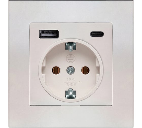 Розетка UNIVersal 16А c USB Type-A (2,4A)+ Type-C (4A)  серия Афина с/з, с/у, 220В, шампань (еврослот) А0056-Br