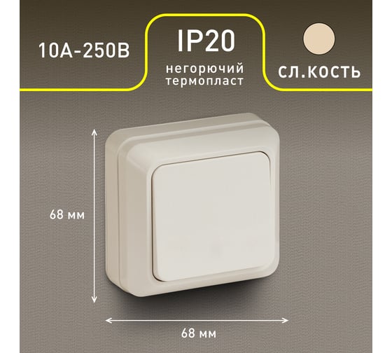 Одноклавишный выключатель Intro Quadro 2-101-02 10А-250В, IP20, открытая установка, слоновая кость, Б0053735
