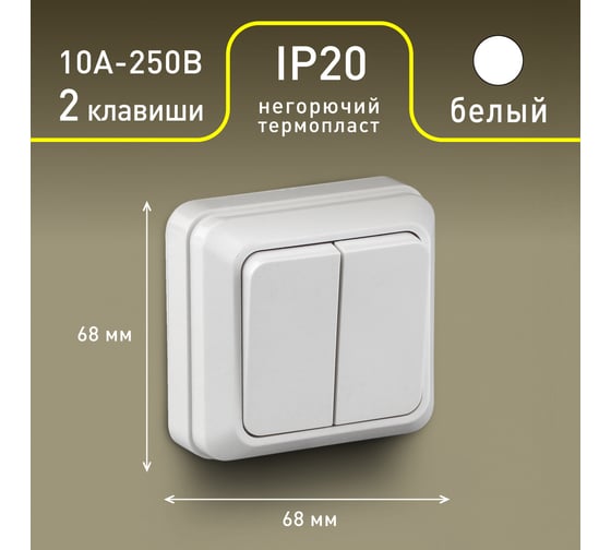 Двухклавишный выключатель Intro Quadro 2-104-01 10А-250В, IP20, открытая установка, белый, Б0053757