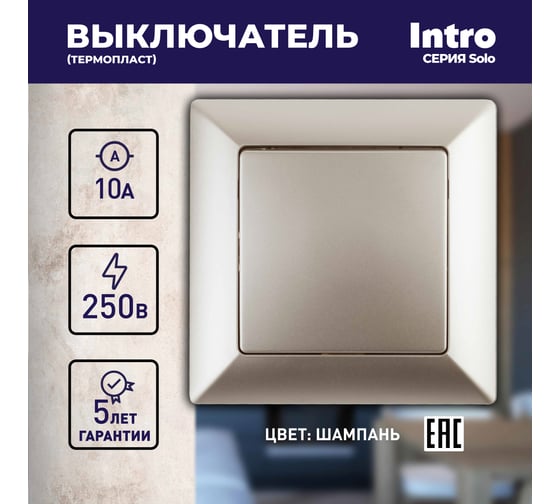 Выключатель Intro Solo 4-101-04 одноклавишный 10А-250В, IP20, СУ, шампань, Б0053546