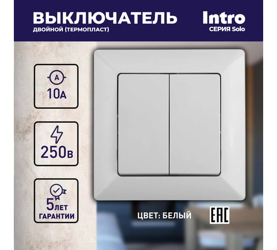 Выключатель Intro Solo 4-104-01 двухклавишный 10А-250В, IP20, СУ, белый, Б0053585